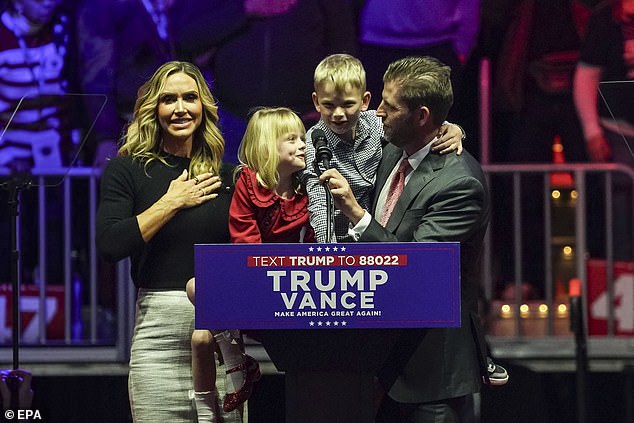 Trump's son Eric, his wife Lara and their two children Carolina and Luke took stage and recited the Pledge of Allegiance of the audience at Capital One Arena the day before Trump's inauguration