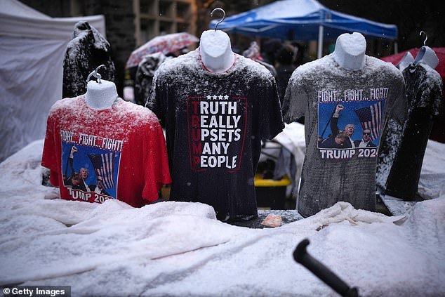 Snow piled up on MAGA swag being sold outside Capital One Arena in Washington, D.C. on Sunday, January 19