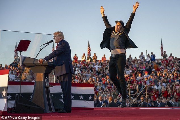 Musk helped to campaign for Trump during the election period, and attended a rally with him in Pennsylvania (pictured)