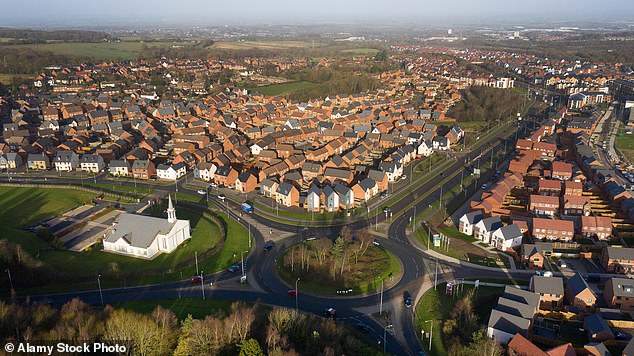 Aerial view of new housing construction on green belt land at Lawley in Telford Shropshire