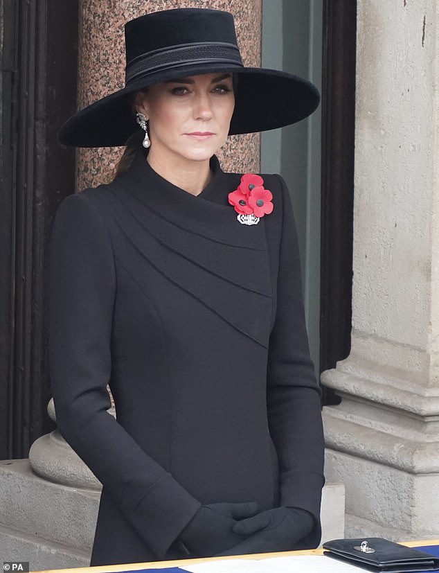 It also echoed the ceremonial dressing of British royal women, who rarely appear for such a momentous occasion without a showstopping piece of millinery. (Kate Middleton is pictured on November 13, 2022).