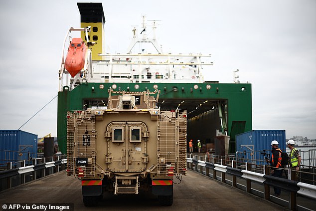 A Mastiff vehicle is loaded onto the MV Hurst Point near Southampton, on January 16