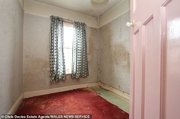 The box bedroom has been stripped down to bare walls and a partially-intact red carpet