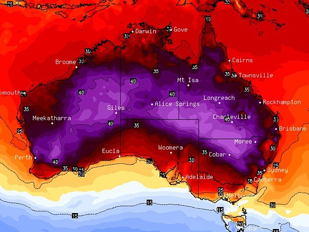 The extreme conditions will also affect residents across the other side of the country with the remote town of Warburton in central WA to swelter in 44C heat (pictured is a heat map)