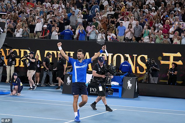 Tennis fans will be blessed with ideal conditions at the men's and women's finals this weekend (pictured, Novak Djokovic celebrates after defeating Carlos Alcaraz on Tuesday night)