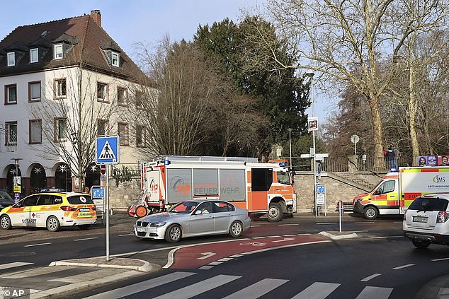 Rescue vehicles are seen near the crime scene in Aschaffenburg