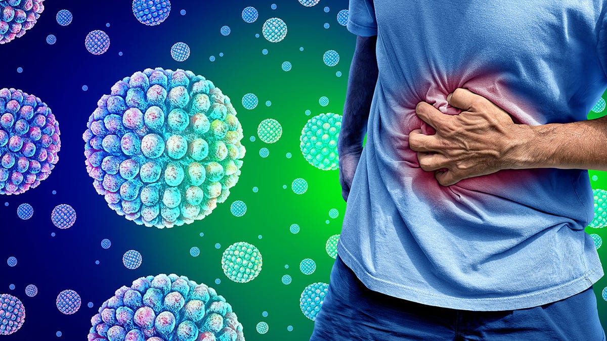 Illustration of person suffering with abdominal pain and cramps due to norovirus