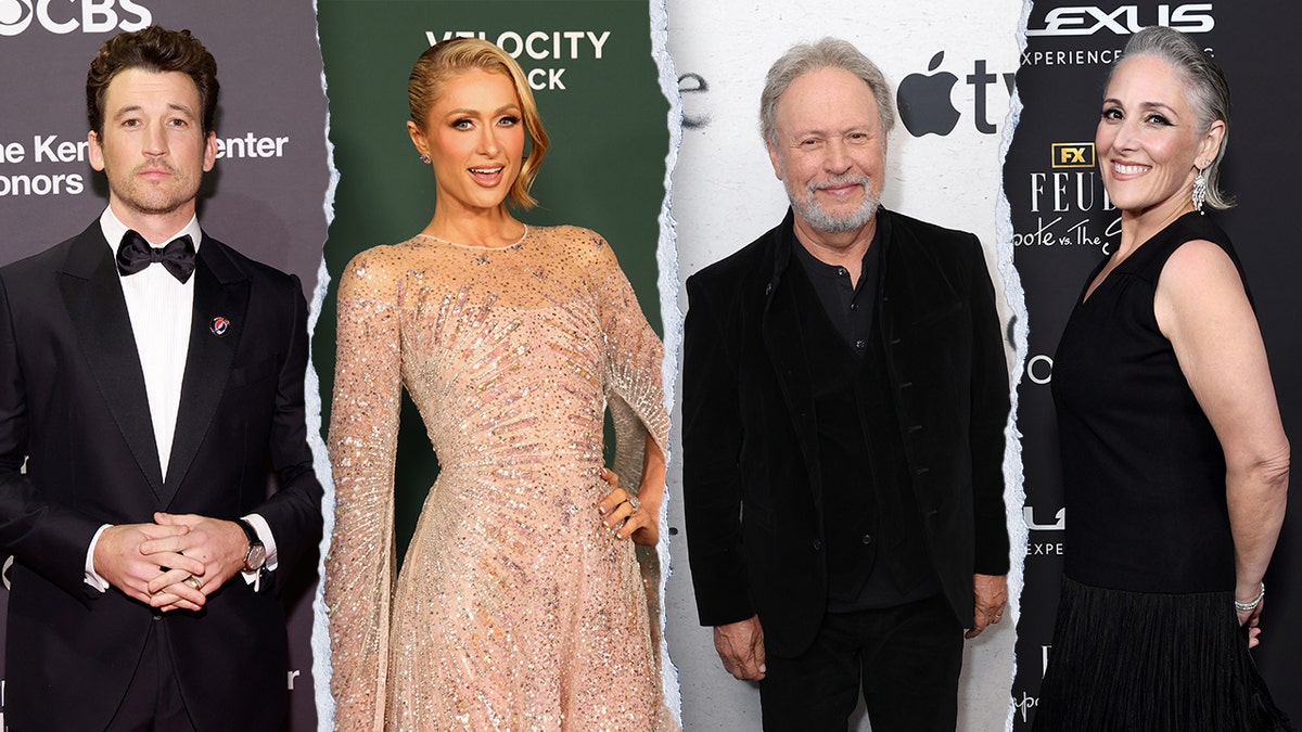 Miles Teller in a classic tuxedo looks serious on the carpet with his hands together split Paris Hilton in a nude sparkly dress poses with one hand on her hip and an open-mouth smile split Billy Crystal in a black suit soft smiles on the carpet split Ricki Lake in a black dress turns to the side and smiles for a photo