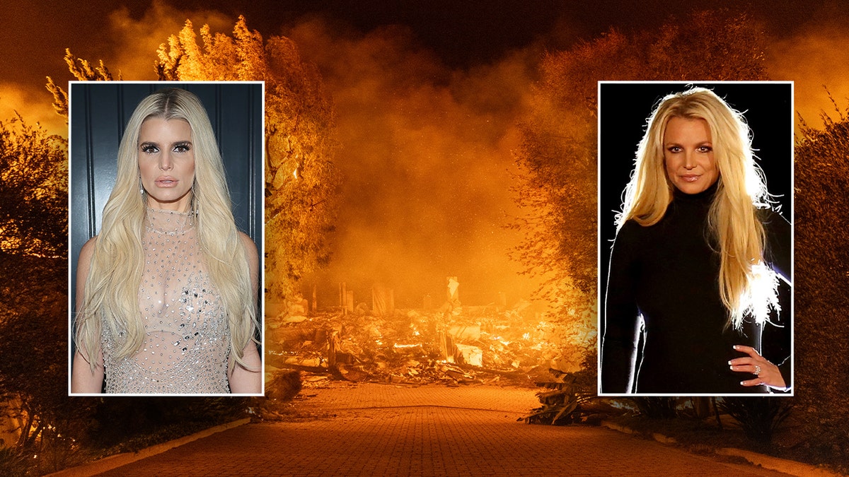 photo of fire destruction with inset photos of Jessica Simpson and Britney Spears