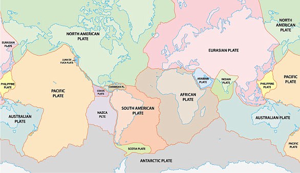 The Earth has fifteen tectonic plates (pictured) that together have molded the shape of the landscape we see around us today