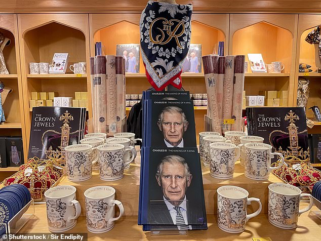 Americans looking for something more unusual than food as a souvenir should consider buying royal memorabilia - especially tea towels and crockery - according to the thread. Pictured are some King Charles souvenirs on sale in the Westminster Abbey Shop in London