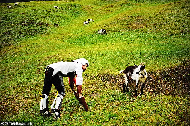 Thomas spent an entire year creating prosthetic 'goat legs' to galivant around the Alps on all fours, as well as an artificial stomach that would enable him to 'eat grass'