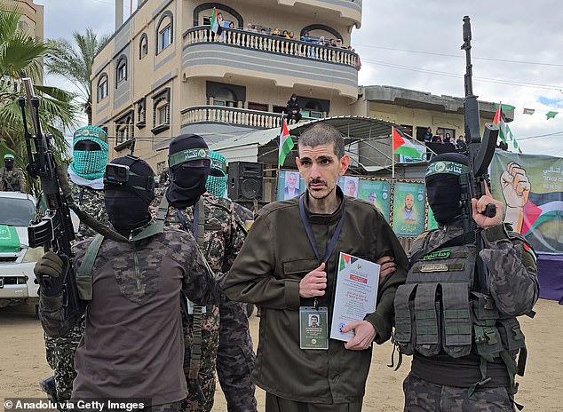 Or Levy being handed over to the Red Cross by Hamas under a ceasefire and prisoner exchange agreement with Israel, in Deir al Balah, Gaza, on February 8, 2025.