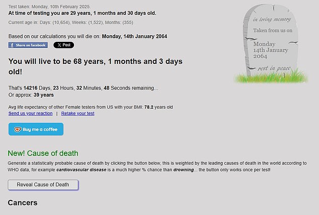 The above screenshot shows my results from Death Clock. I apparently have 39 years left to live and will die from 'cancers'