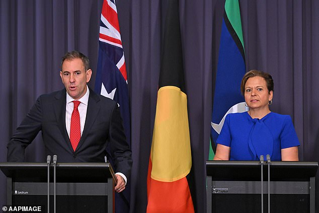 Treasurer Jim Chalmers on Tuesday announced a deal had been reached with the major banks to put a stop to regional bank branches closures before July 2027 (he is pictured left with Communications Minister Michelle Rowland)