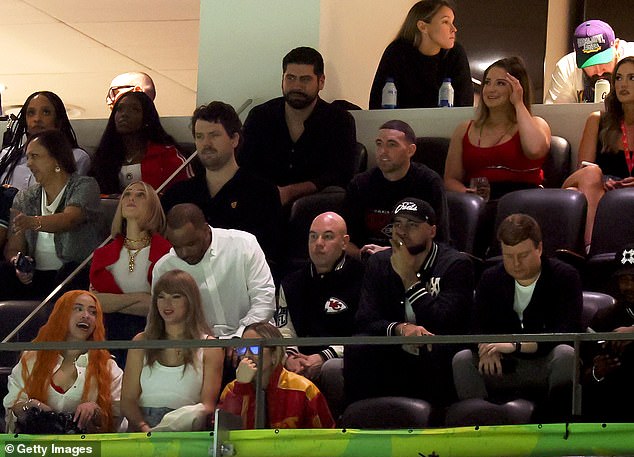 Kylie Kelce (back) was in the same suite as Swift (lower left) at the Super Bowl on Sunday