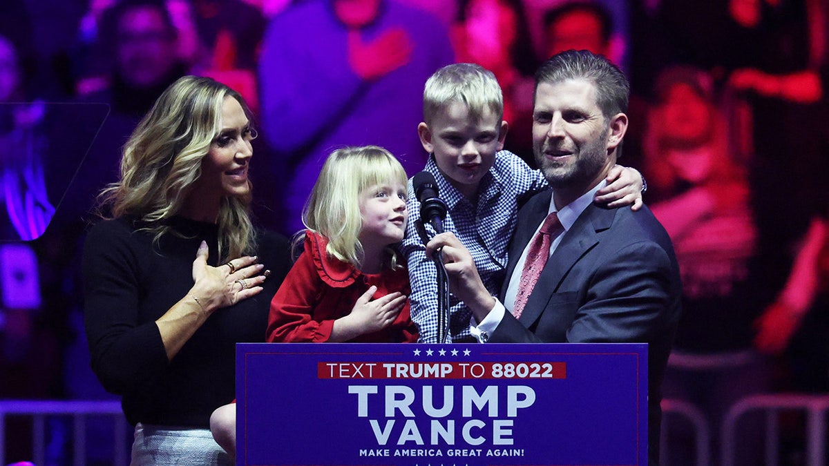 Eric Trump, his wife Lara Trump?, son Luke and daughter Carolina, attend a rally for U.S. President-elect Donald Trump